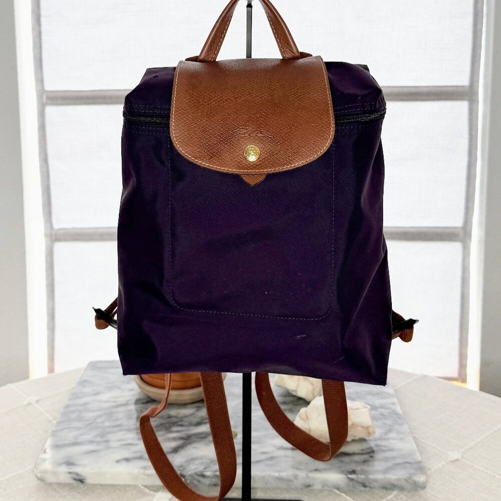 Longchamp Le Pliage Original Foldable Backpack - Purple Nylon & Brown Leather